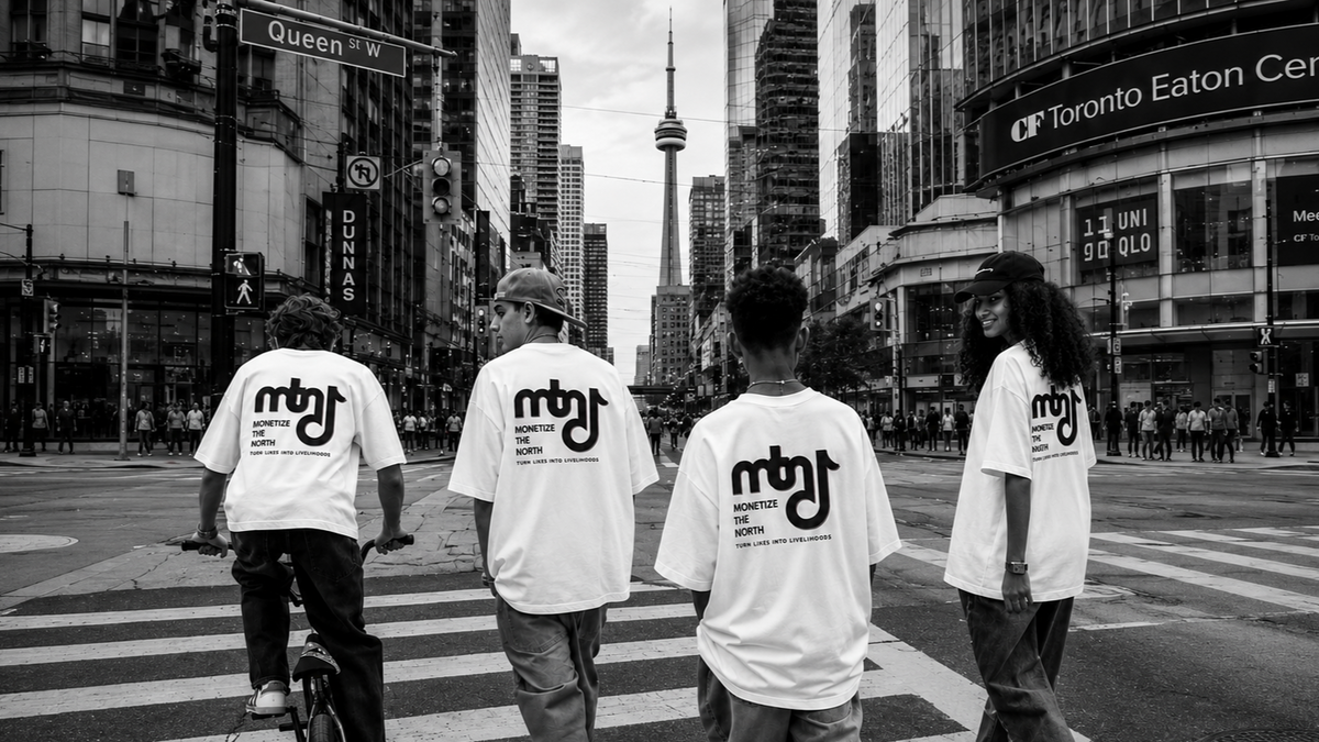 Four people wearing matching white t-shirts with a black 'MTN' logo on the back, walking and cycling across a city crosswalk in Toronto, with the Toronto Eaton Centre and CN Tower in the background.