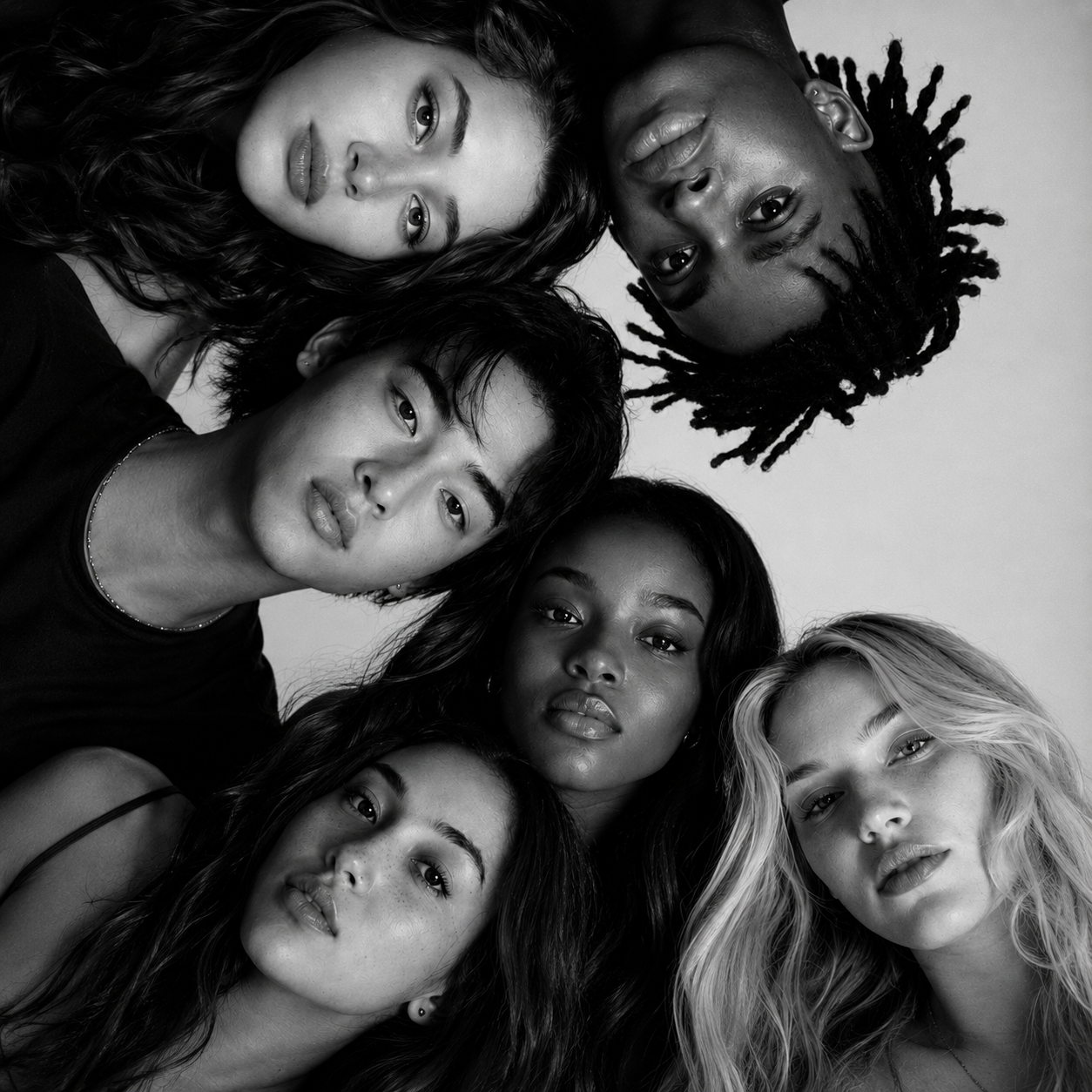 Black and white photo of six people with diverse hairstyles and skin tones looking directly at the camera.