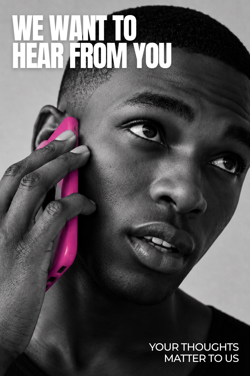 A black and white close-up portrait of a man holding a bright pink phone to his ear, with bold white text reading 'WE WANT TO HEAR FROM YOU' at the top and 'YOUR THOUGHTS MATTER TO US' at the bottom.
