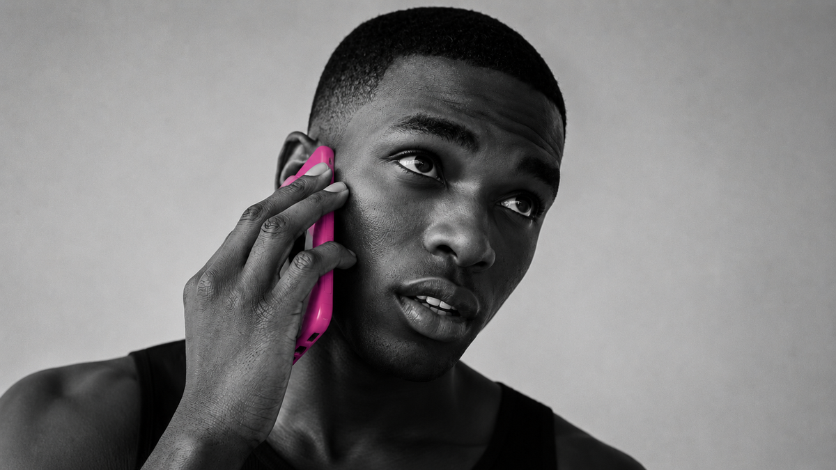 A close-up portrait of a man holding a bright pink smartphone while looking upward with a hopeful expression.