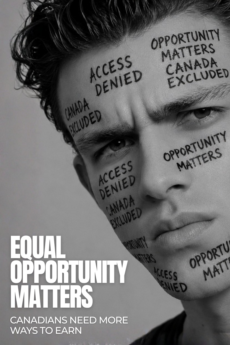 A close-up portrait of a man with handwritten text overlaid on his face, including 'ACCESS DENIED', 'CANADA EXCLUDED', and 'OPPORTUNITY MATTERS'. Large white text at the bottom reads 'EQUAL OPPORTUNITY MATTERS' and 'CANADIAN NEEDS MORE WAYS TO EARN'.