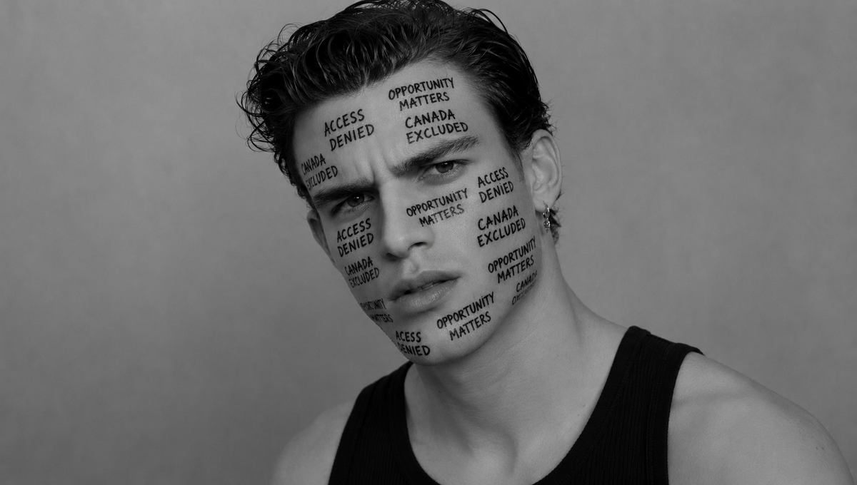 A  close-up portrait of a man with the phrases "Opportunity matters" and "Access denied" written across his face.