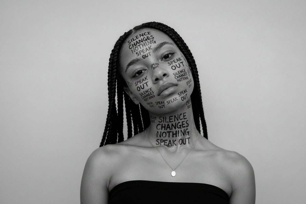 A close-up portrait of a woman's face with the advocacy phrases "Silence changes nothing" and "Speak out" written across her skin.