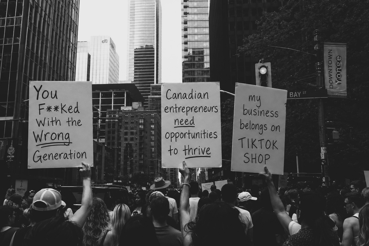 A crowd gathered outside holding up protest signs that read "Canadian entrepreneurs need opportunities to thrive".