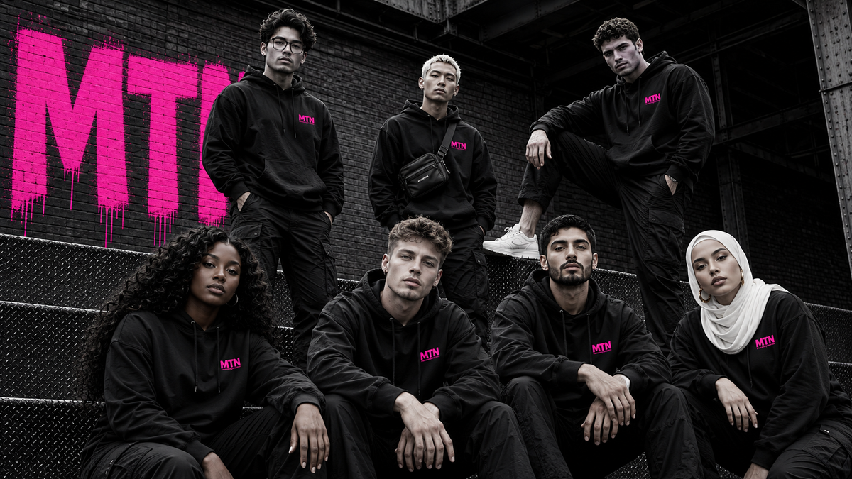 A diverse group of people wearing black hoodies standing in front of a wall with large, bright pink MTN letters.