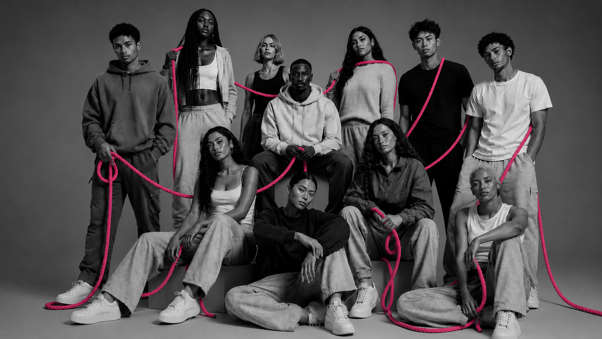 A diverse group of people standing together and holding onto a long pink rope.