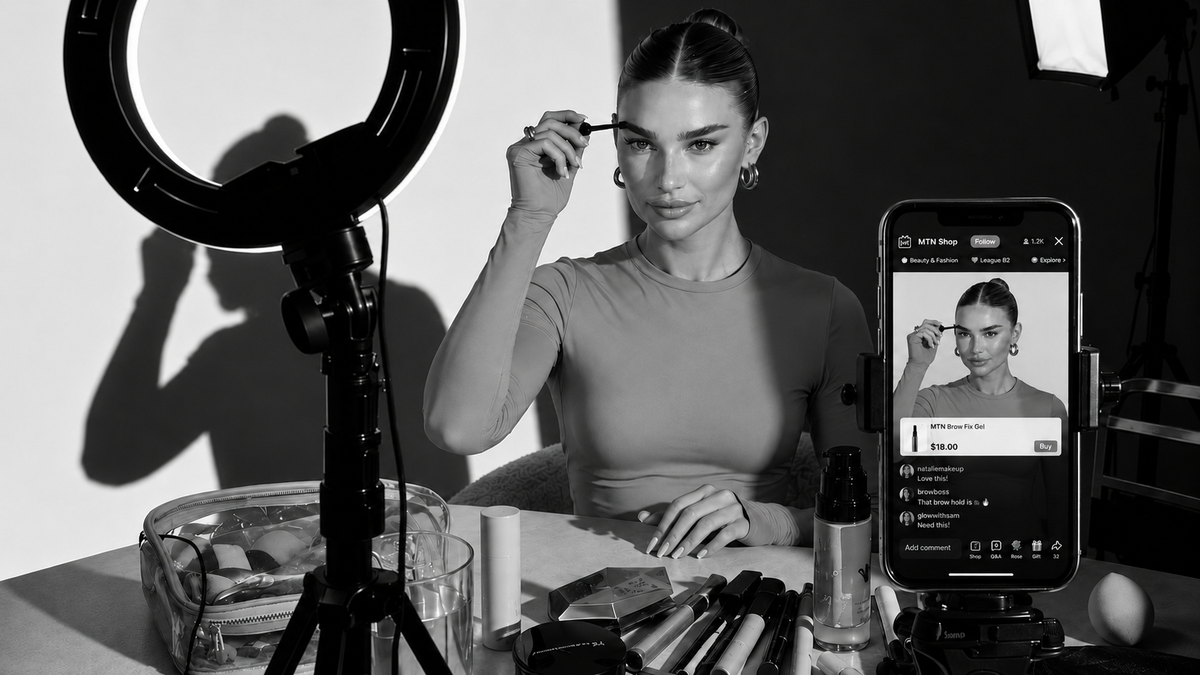 A female content creator doing her makeup in front of a smartphone camera and a lit ring light.