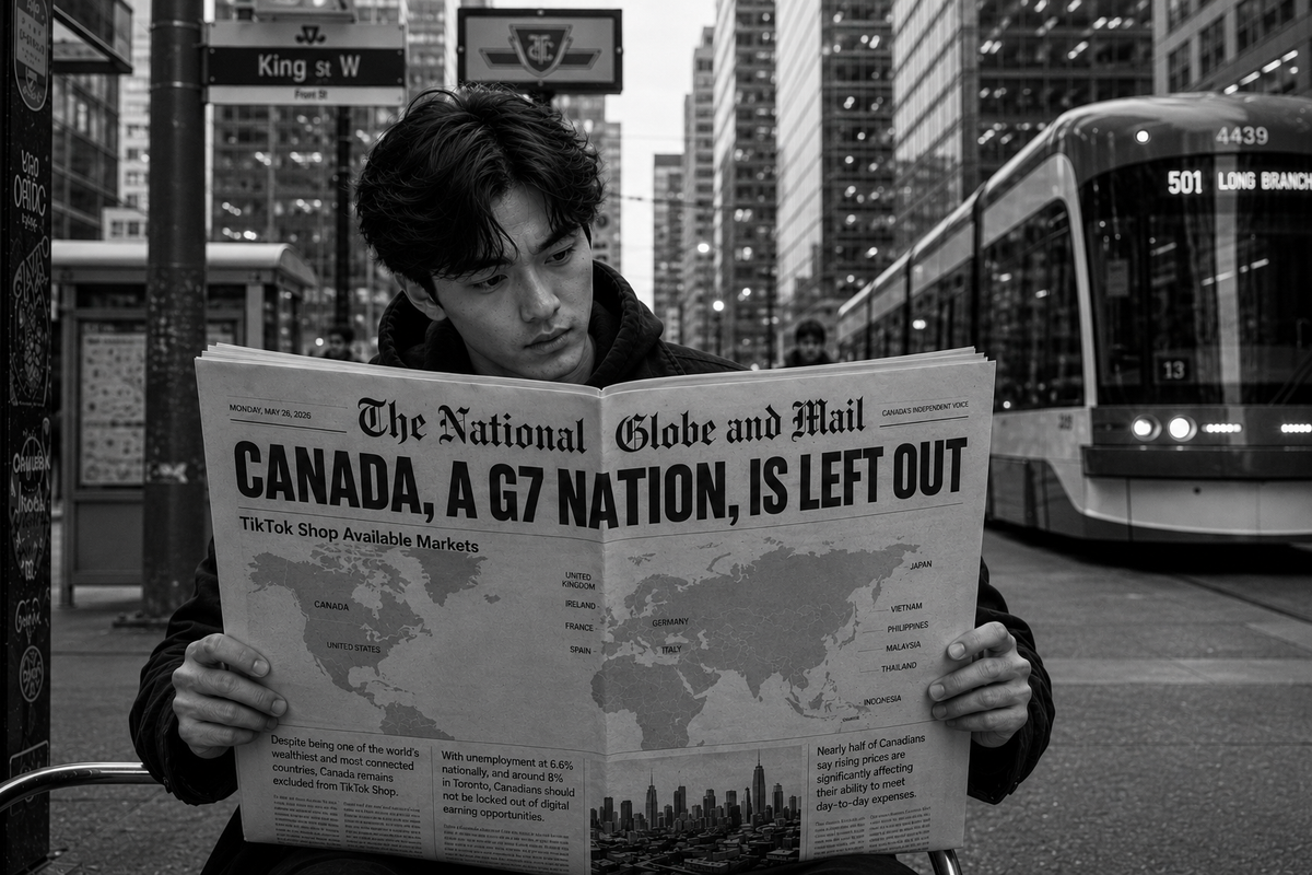 A man reading a newspaper with a headline that reads "Canada, a G7 nation, is left out".