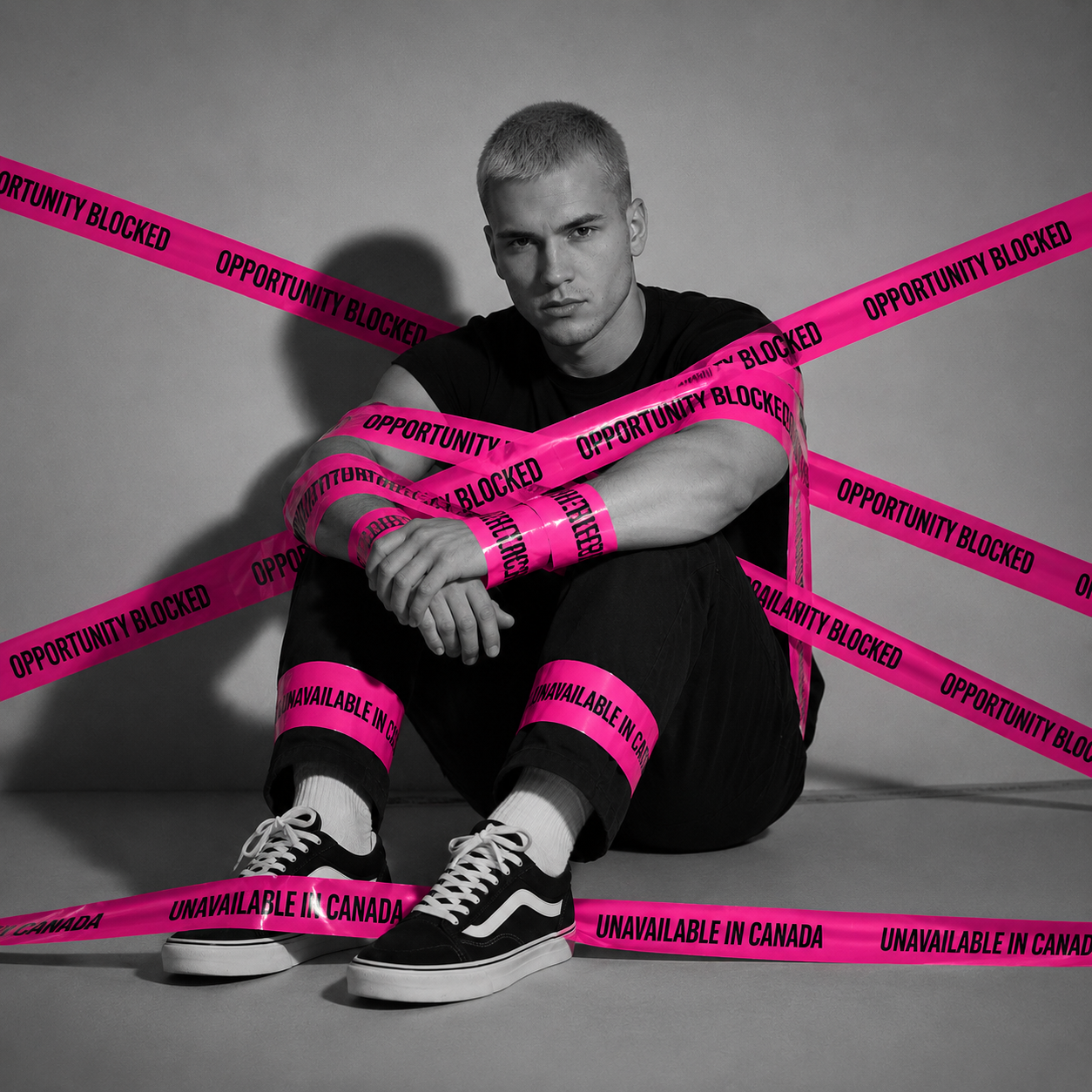 A man sitting on the ground with bright pink tape tied around his body that reads "Opportunity blocked".