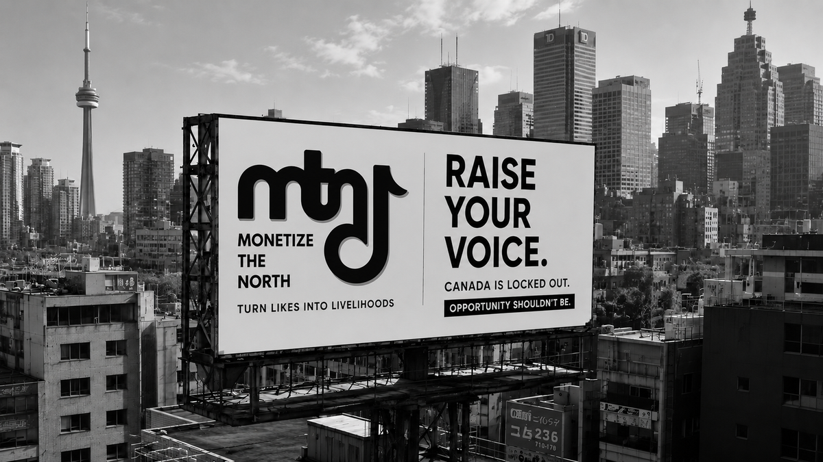 A Monetize the North billboard mounted on top of a building featuring the headline "Raise Your Voice".