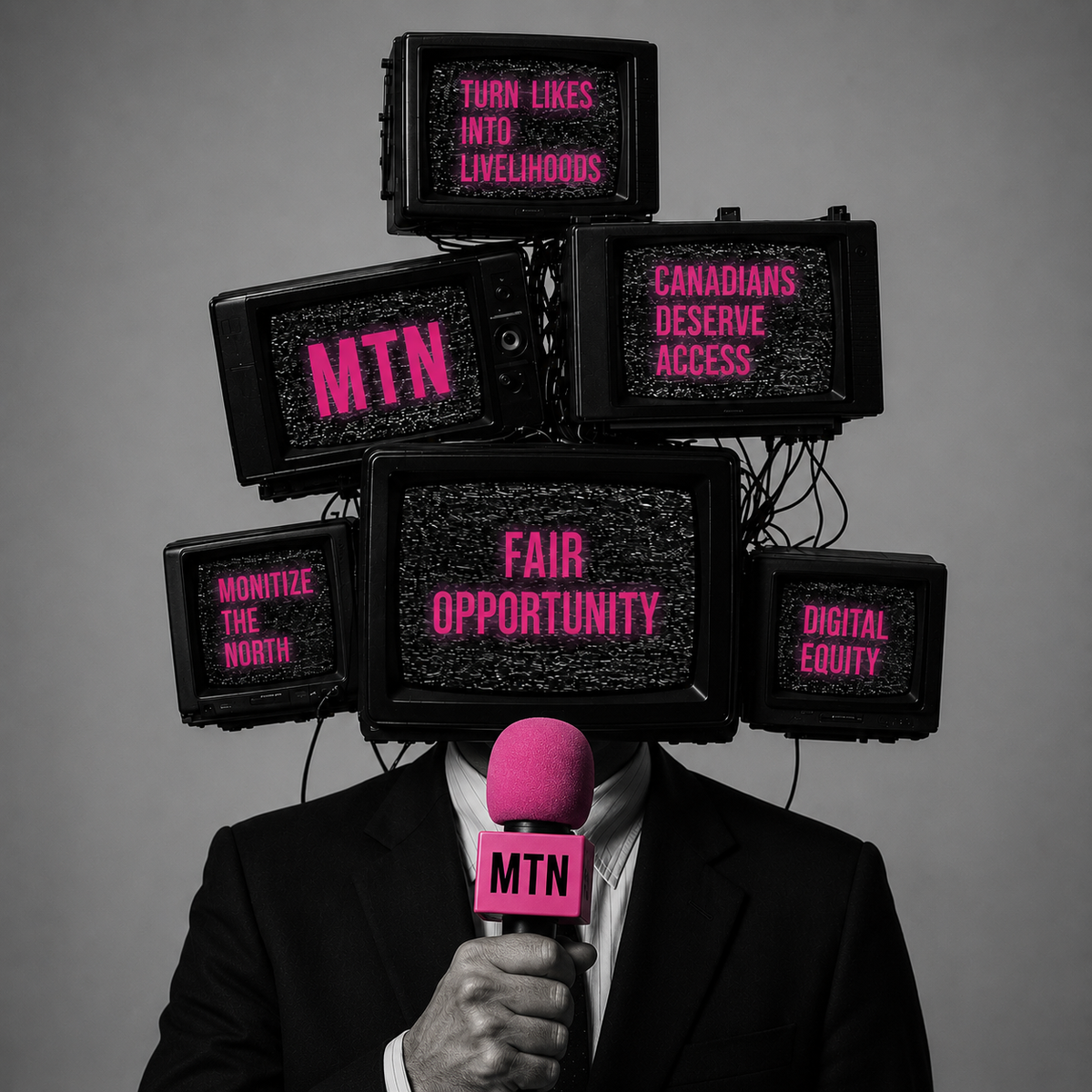 A conceptual graphic of a person with television screens for a head holding a bright pink microphone featuring the MTN logo.