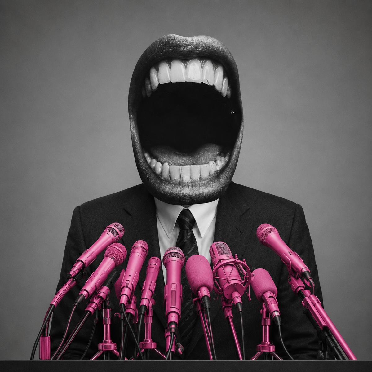 A surreal illustration of a figure with a large mouth as their entire face, wearing a suit and tie while speaking into a cluster of bright pink microphones.