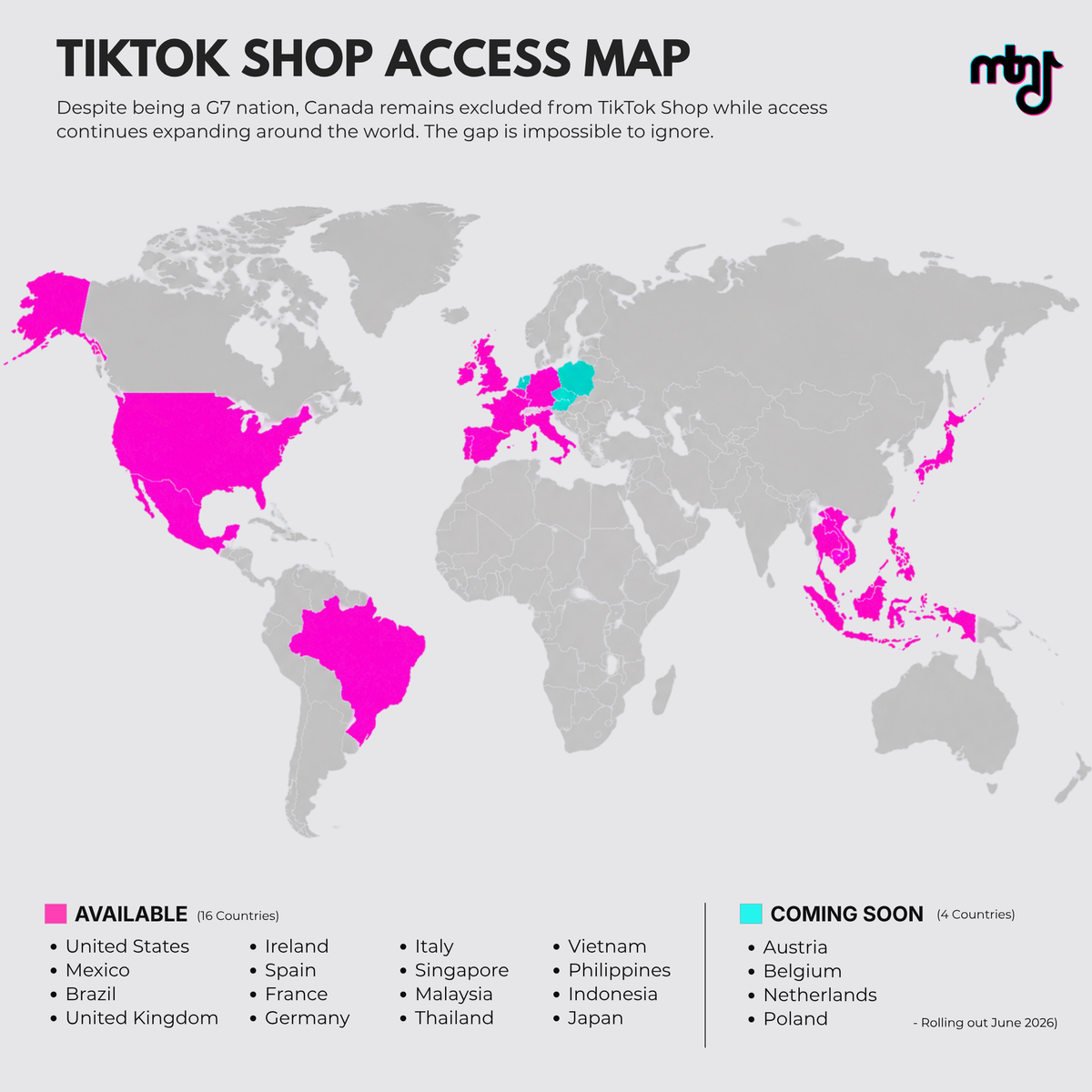 A global map highlighting regional availability and access restrictions for TikTok Shop.