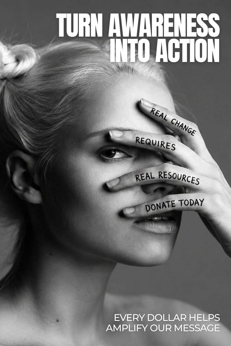 Black and white promotional graphic featuring a close-up portrait of a woman with text overlays reading 'TURN AWARENESS INTO ACTION' at the top and 'EVERY DOLLAR HELPS AMPLIFY OUR MESSAGE' at the bottom. Her hand covers part of her face, with words painted or printed on her fingers: 'REAL CHANGE,' 'REQUIRES,' 'REAL RESOURCES,' and 'DONATE TODAY.