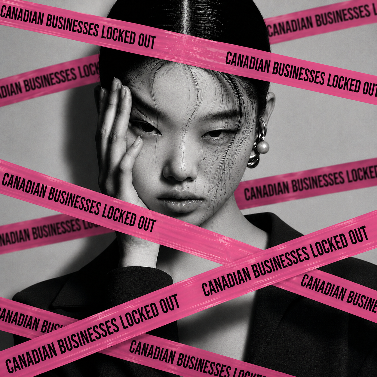 A woman with her hand on her face, surrounded by bright pink tape that reads "Canada businesses locked out".