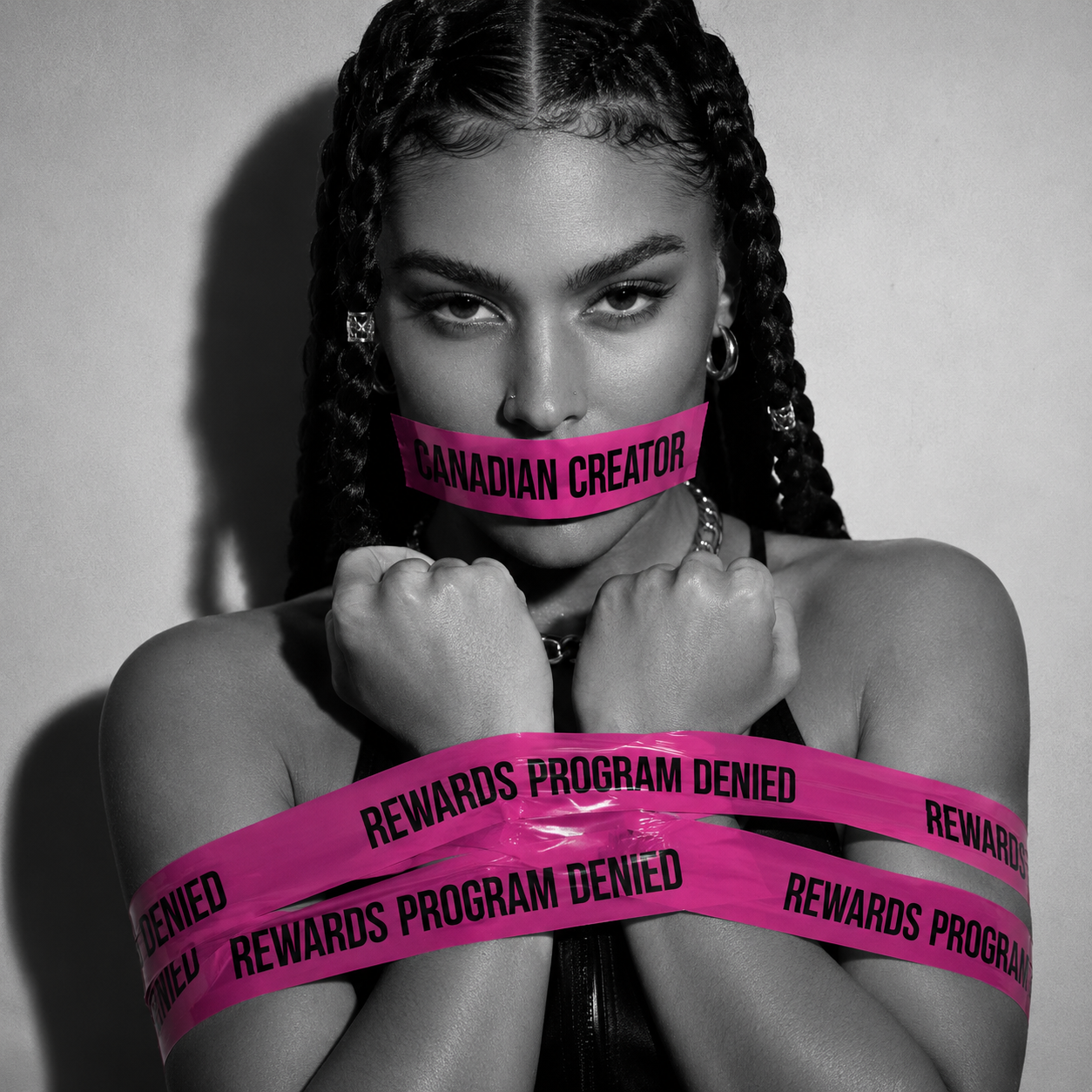 A woman with her hands tied and pink tape covering her mouth that reads "Canadian creator rewards program denied".