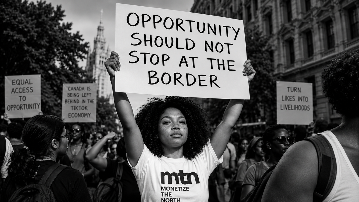 A woman wearing an MTN t-shirt holding a sign that reads "Opportunity should not stop at the border".