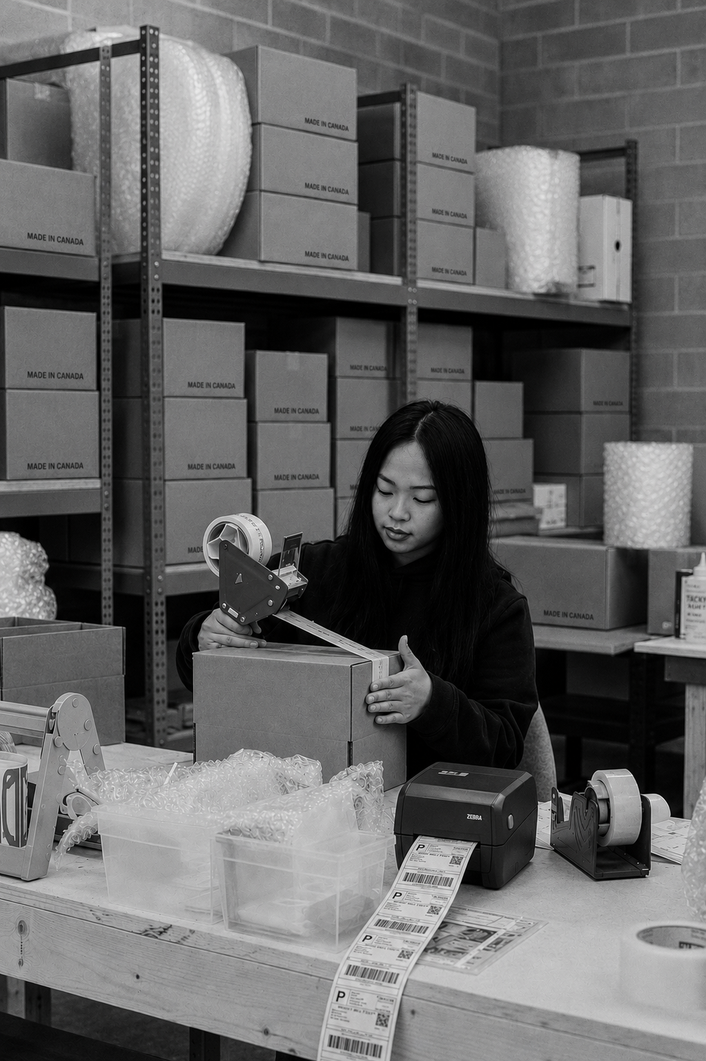 A woman sealing a cardboard shipping box with packing tape.