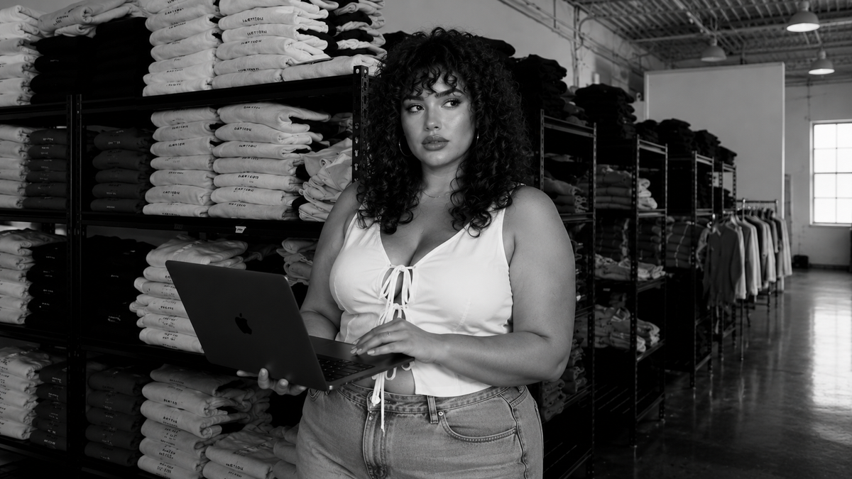 A woman in a white top holding a laptop and looking off into the distance with a pensive expression.