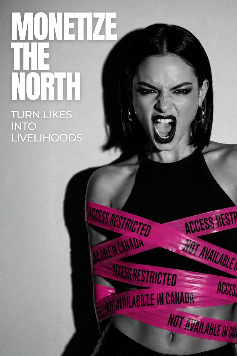 A black-and-white promotional photo of a woman screaming while wrapped in bright pink 'ACCESS RESTRICTED' tape, with large white text reading 'MONETIZE THE NORTH' and smaller text 'TURN LIKES INTO LIVELIHOODS' on a light gray background.